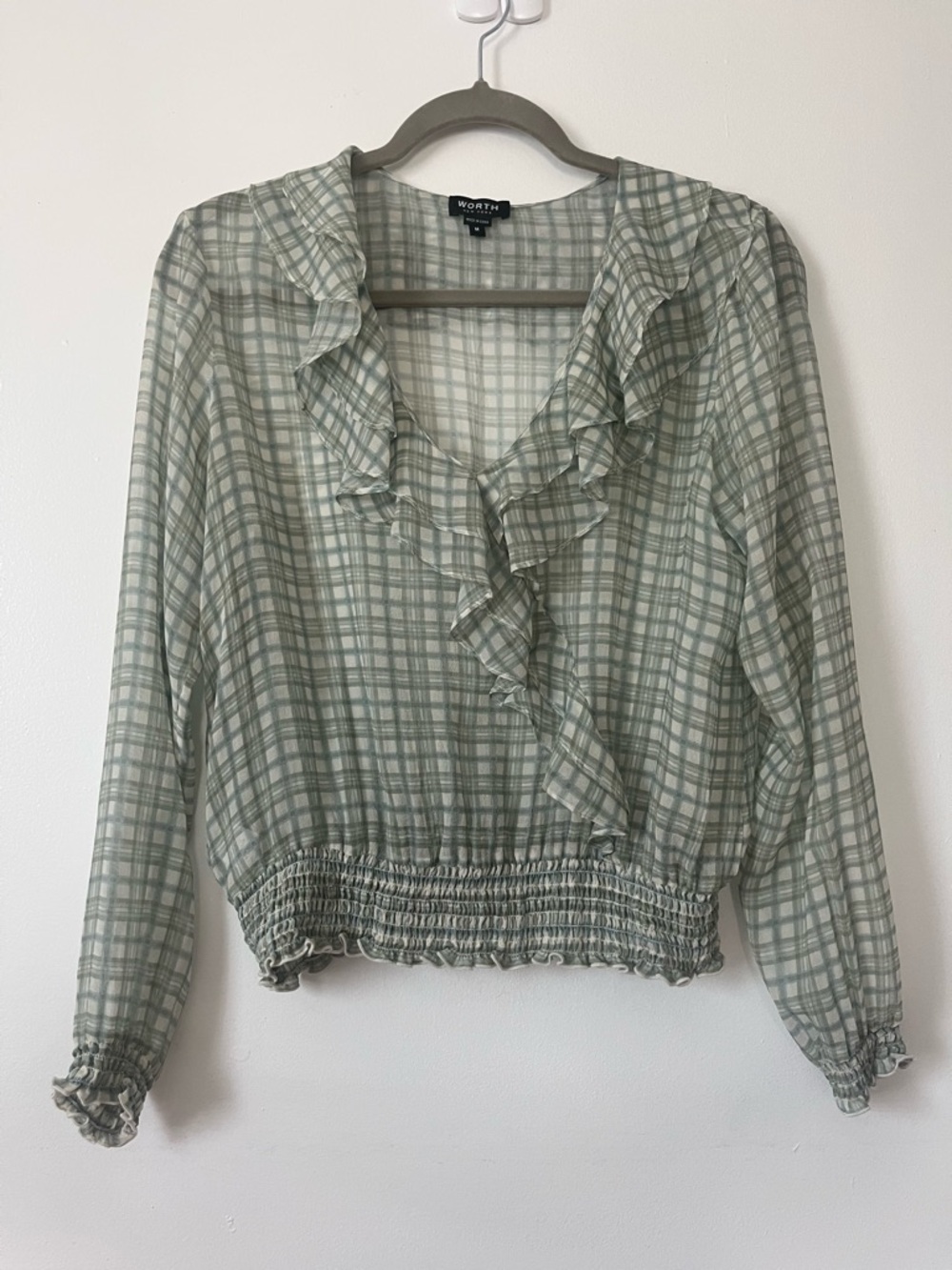 Worth 100% Silk Sage Plaid Ruffle Blouse